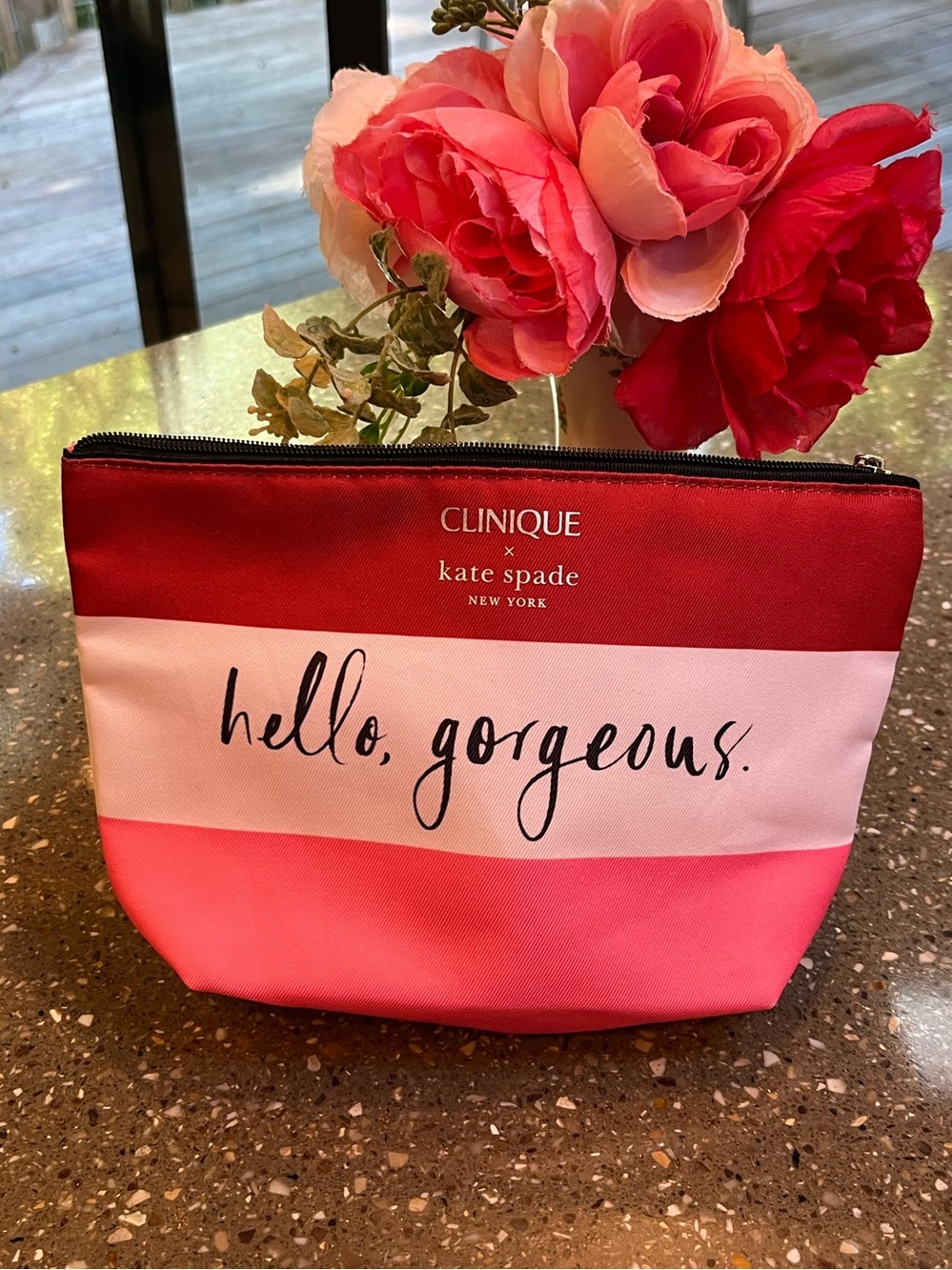 Kate Spade and Clinique Pink Striped Cosmetic Pouch - "Hello, Gorgeous."